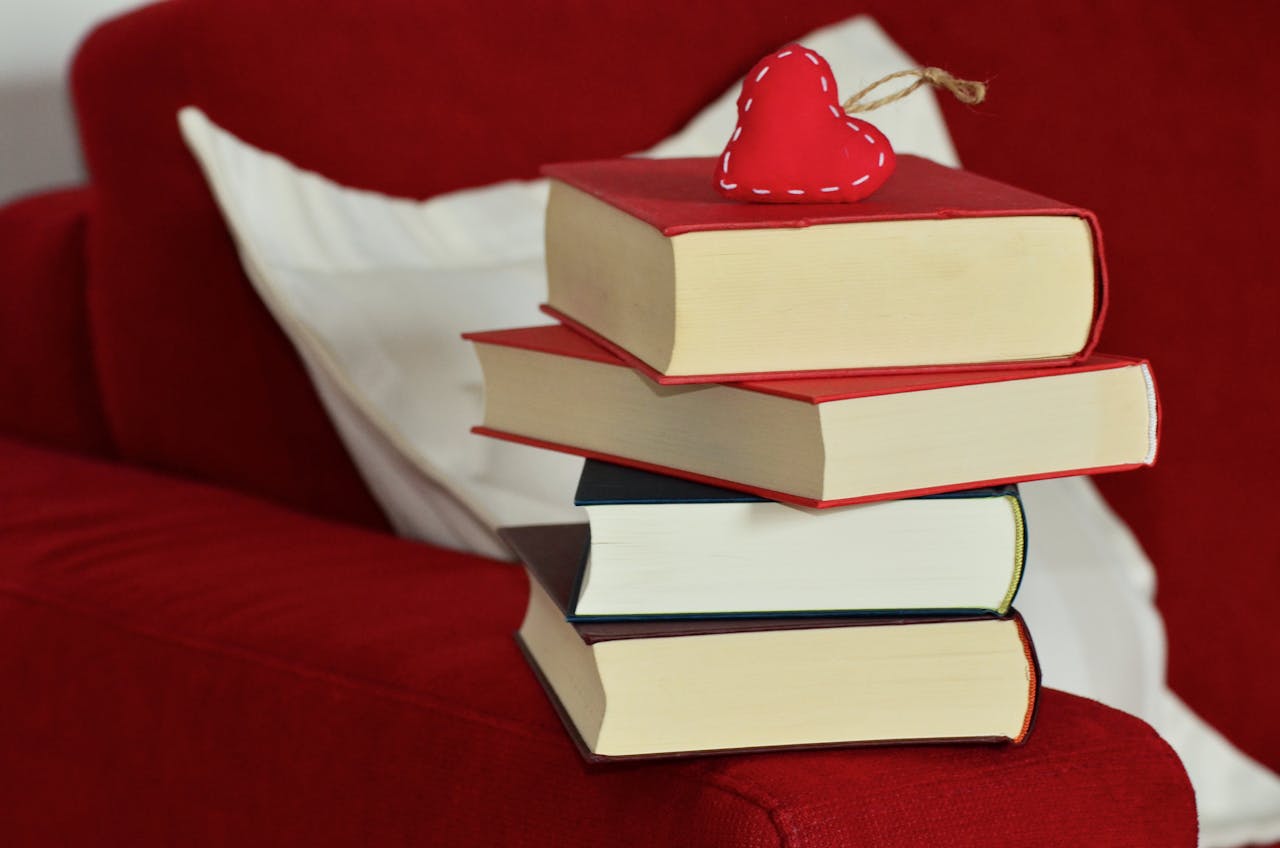 Stack of books on red sofa with heart decor, cozy reading corner.